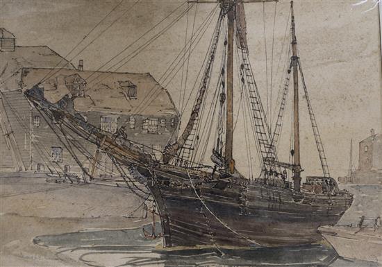 Claude Muncaster, watercolour, study of the schooner The Florence Vivian at Portsmouth, signed, 28 x 38cm, unframed